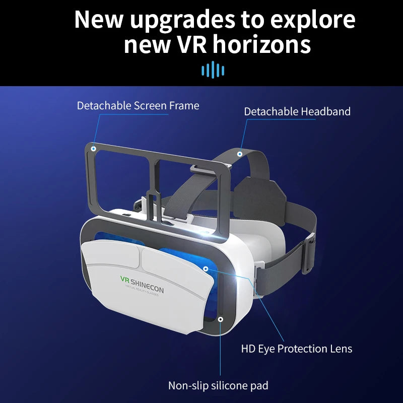 White and black smartphone VR headset with a detachable frame, adjustable headband, and protective eye lenses.
