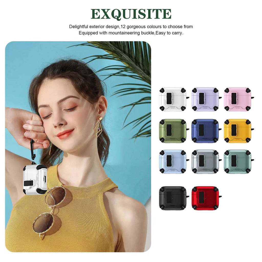Rugged, shockproof protective AirPod cases in various colours, featuring a carabiner clip. Suitable for AirPods.