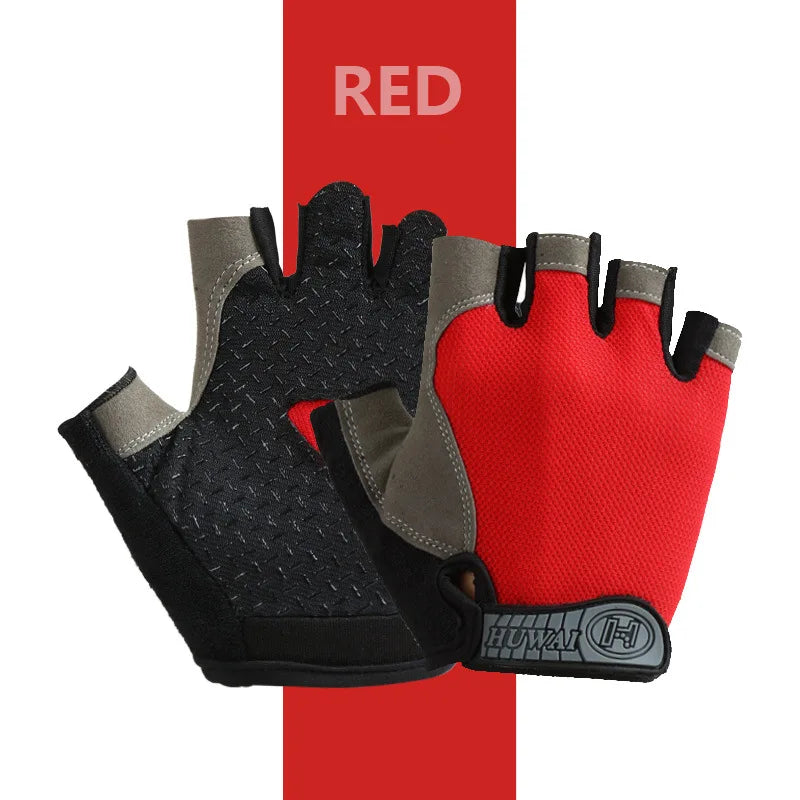 A pair of red and black fingerless sports gloves with textured grip palms and a Huwai branded wrist strap.