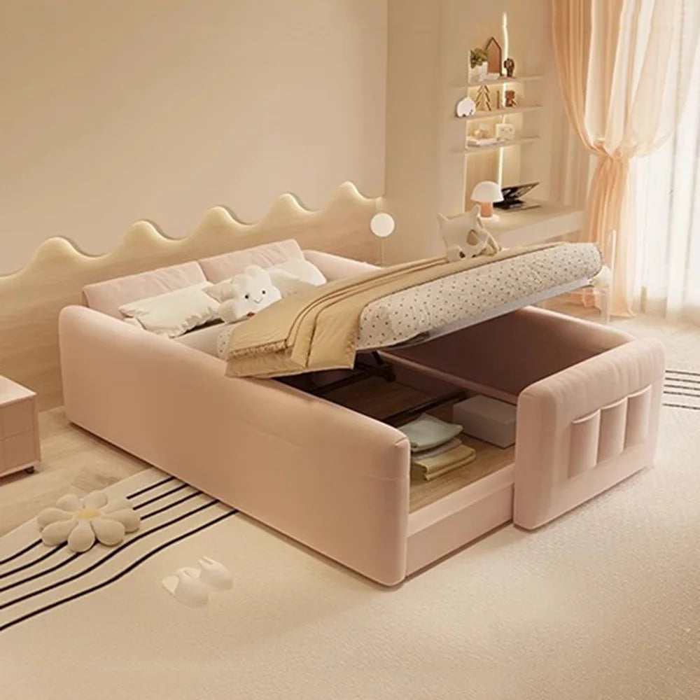 Pale pink parent-child bed with cloud-shaped headboard, protective guardrails, and hidden under-bed storage.