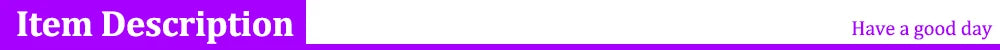 Graphic banner with a purple background featuring white text "Item Description" and "Have a good day" on the right.