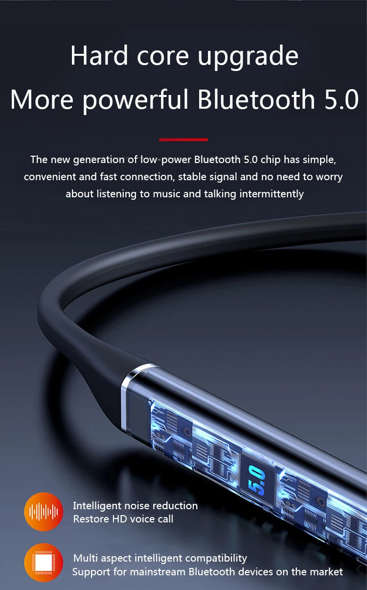 Black wireless neckband headphones featuring a transparent casing with a glowing blue digital Bluetooth 5.0 display.
