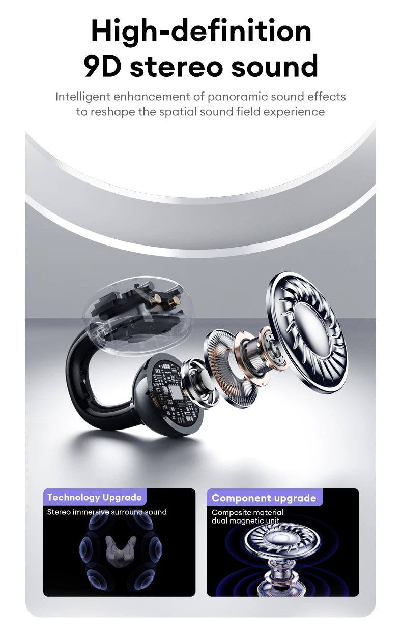 Exploded view of a black, modern wireless earbud showing internal components, metallic drivers, and circuitry.