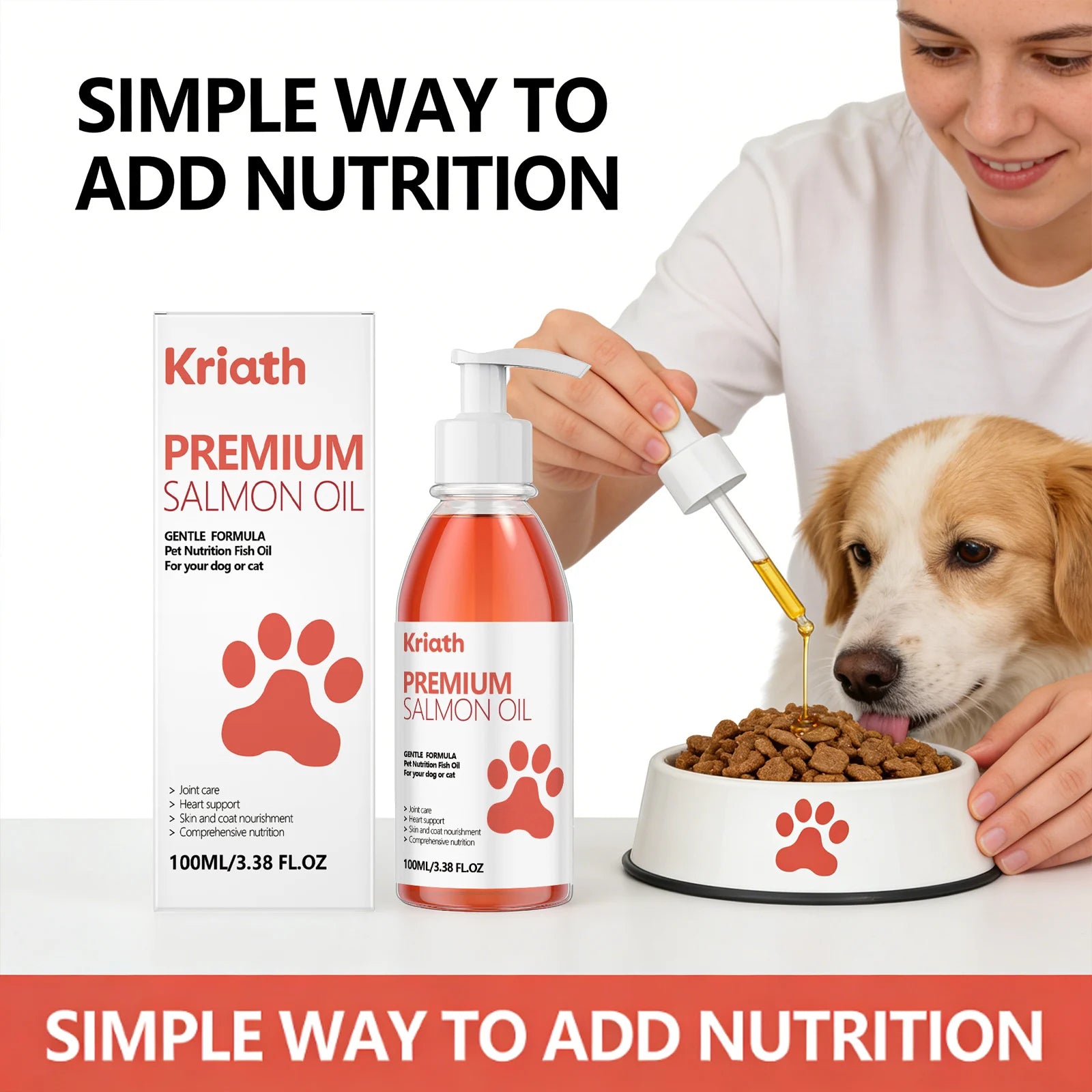 Bottle of orange premium salmon oil for pets with pump dispenser, being drizzled onto dog food in a white bowl.