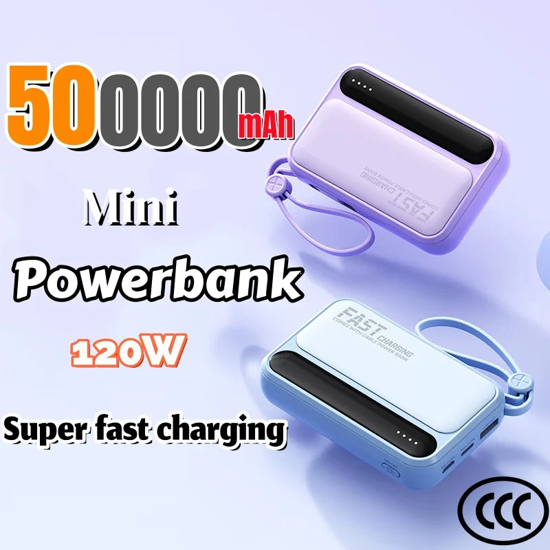 Two compact, pastel-coloured portable power banks in purple and blue, featuring built-in charging cables and LED status.