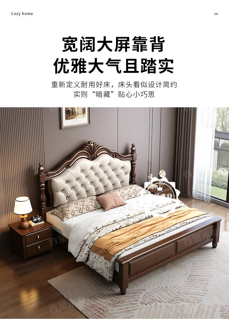 Retro 180x200cm dark wood bed frame with a tufted cream upholstered headboard and ornate carved detailing.