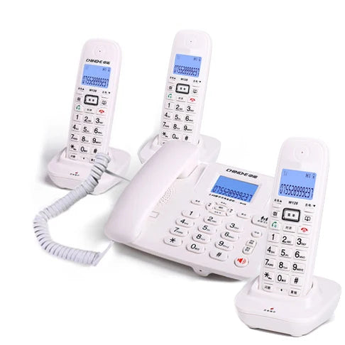 White landline telephone set featuring a base unit with corded handset and three cordless handsets with digital screens.