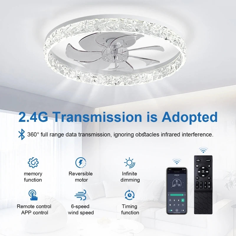 Modern white 18.9-inch LED ceiling fan with a decorative crystal-style trim, remote control, and smartphone app support.