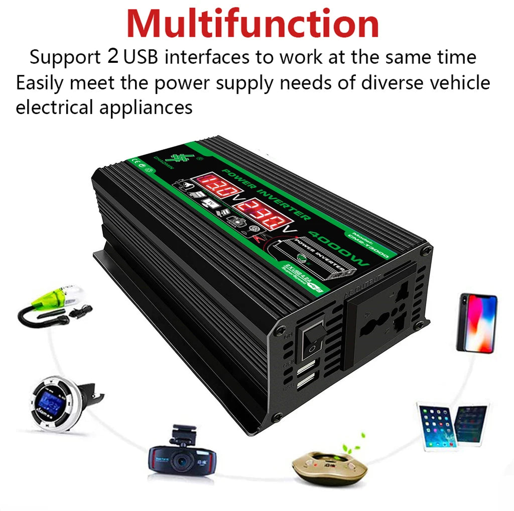 Black 400W portable power inverter with LED display, AC outlet, and two USB ports, surrounded by connected devices.