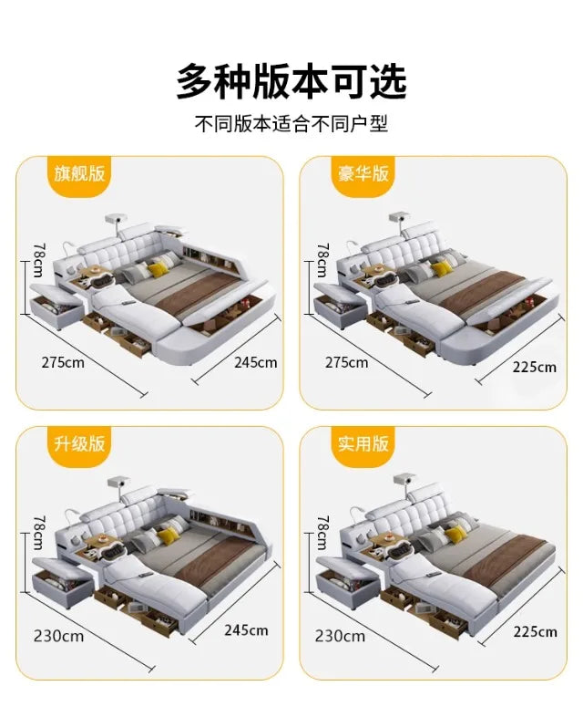 White leather-upholstered bed frame featuring a tall tufted headboard, integrated storage, and bedside features.