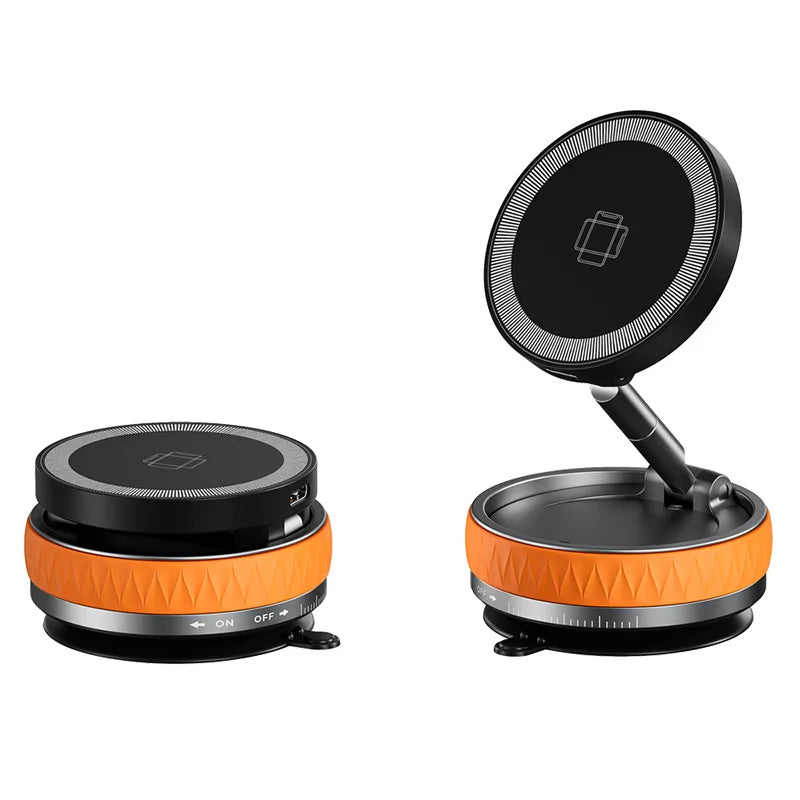 Foldable black wireless phone charger with a vibrant orange textured base and suction cup mount.