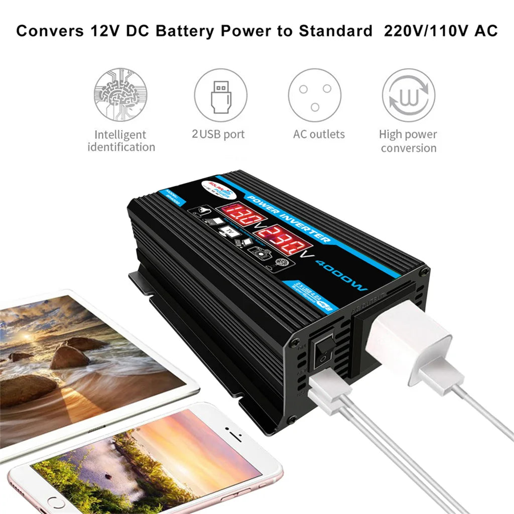Black 4000W car power inverter with a digital display, two USB ports, and AC plug sockets, connected to mobile devices.