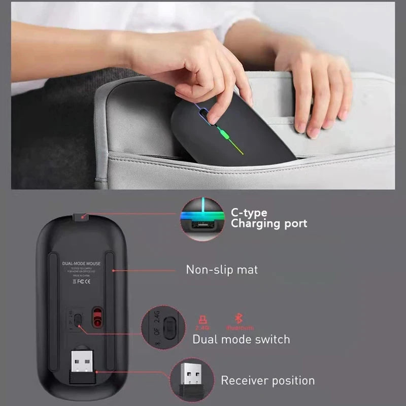 Slim black wireless ergonomic mouse with dual-mode Bluetooth connectivity, USB receiver, and USB-C charging port.