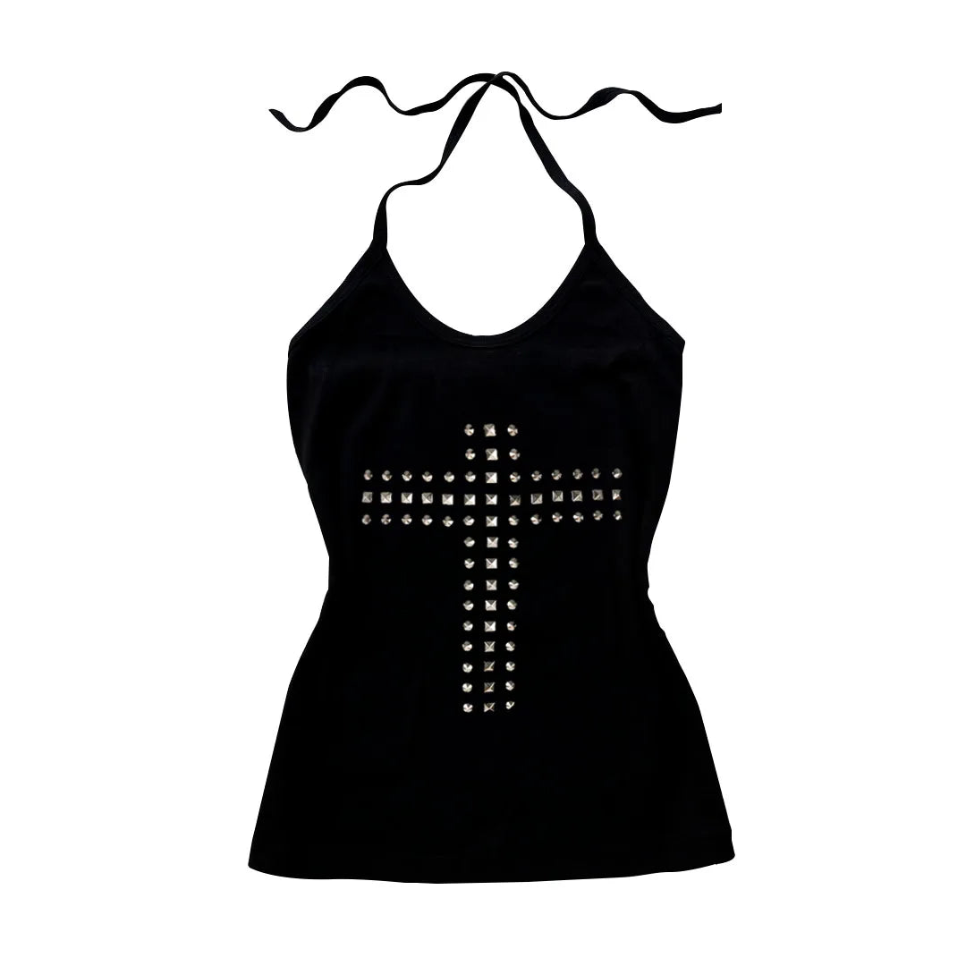 Black halter neck top featuring a prominent cross design made of silver-tone pyramid studs.