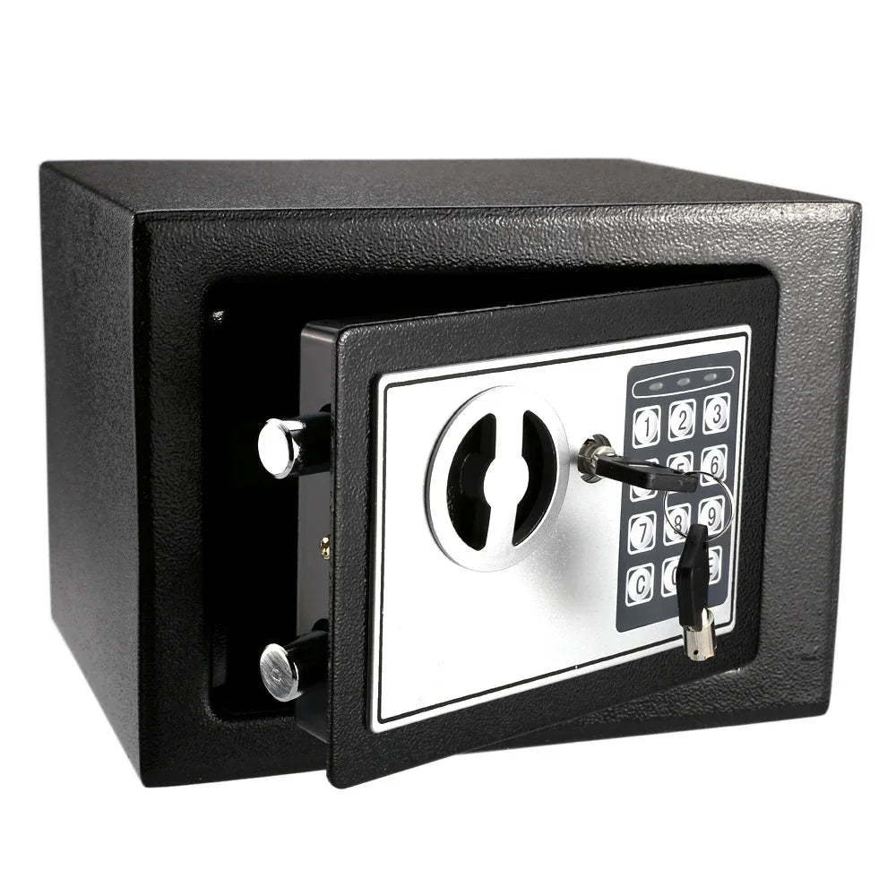 Black metal security safe with an open door, digital keypad, round handle, and a key inserted in the lock.