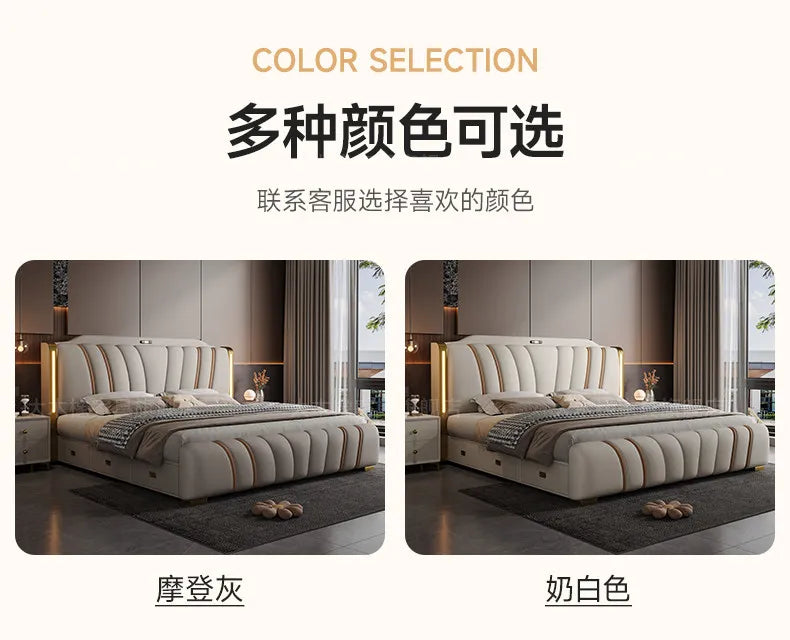 Luxury modern upholstered bed in grey or white, featuring a channeled headboard with integrated side lighting.