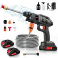 Black cordless pressure washer with spray wand, hose, two 21V batteries, nozzles, and accessories.