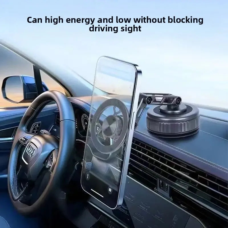 A dark grey, adjustable magnetic car phone mount secured to a vehicle dashboard, holding a smartphone upright.