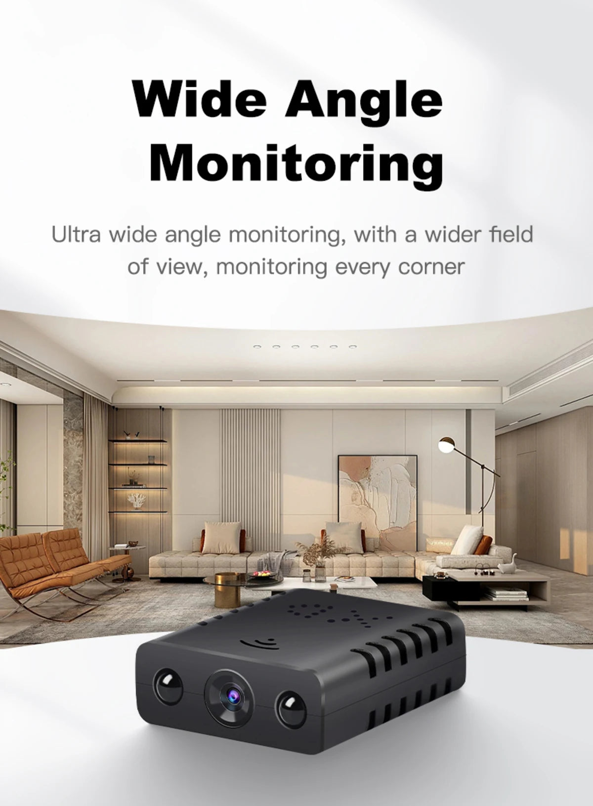 Black plastic security camera with a wide-angle lens, featuring side ventilation slots and a small speaker grille.