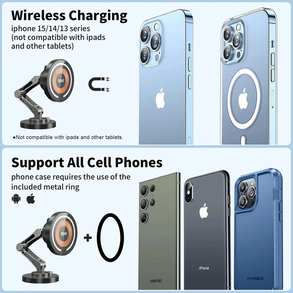 Magnetic wireless charger with a foldable, silver-toned mechanical arm and a circular charging head.
