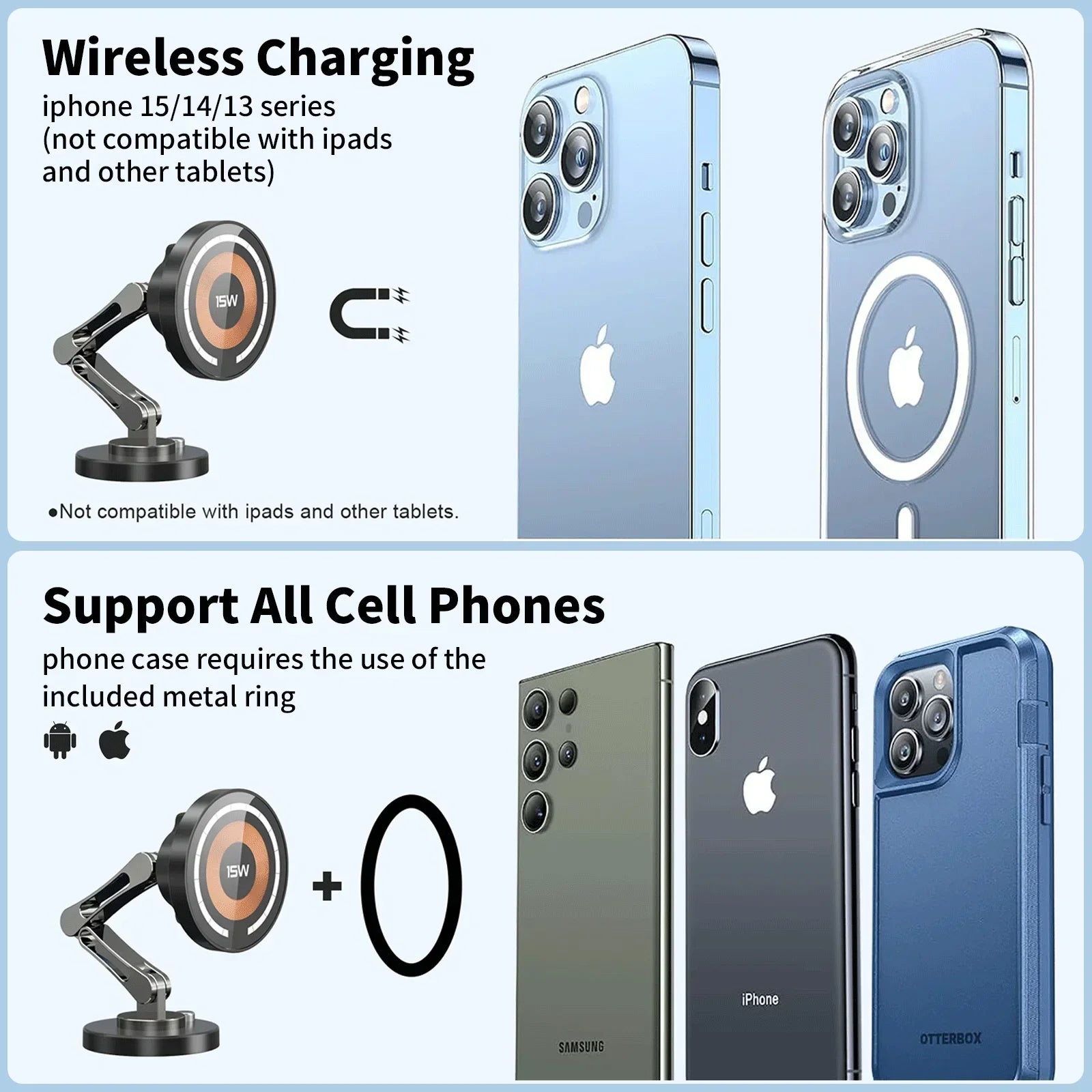 Magnetic wireless charger with a foldable, silver-toned mechanical arm and a circular charging head.