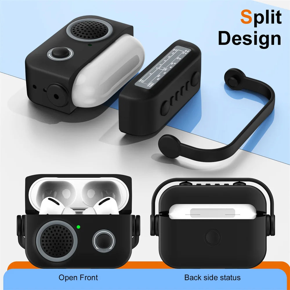 Black silicone split-design protective case for AirPods Pro, styled like a vintage radio.