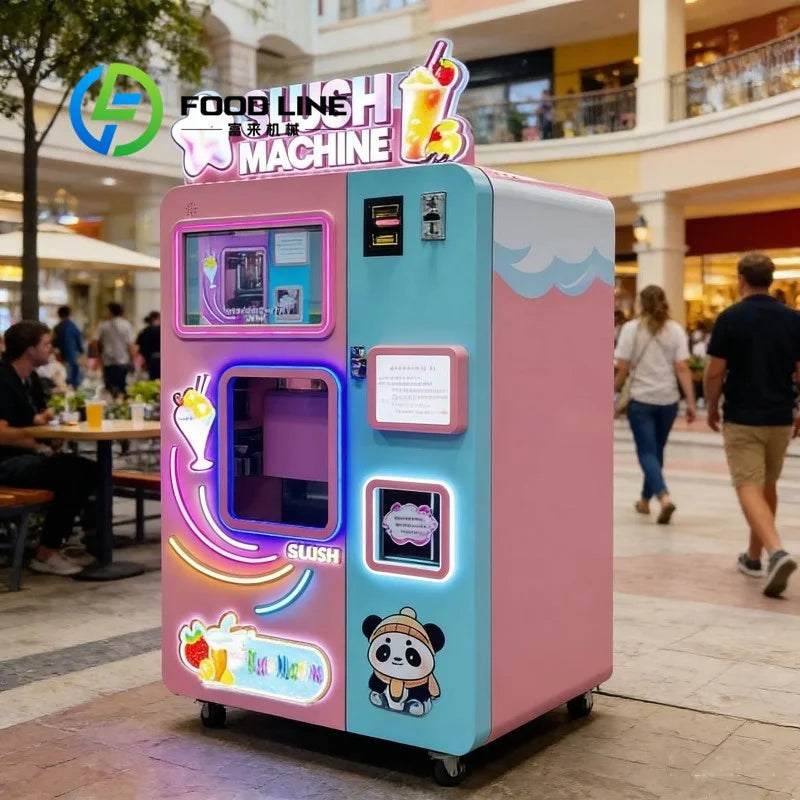 Pink and blue slushie vending machine with a digital screen, dispenser window, neon graphics, and a panda graphic.