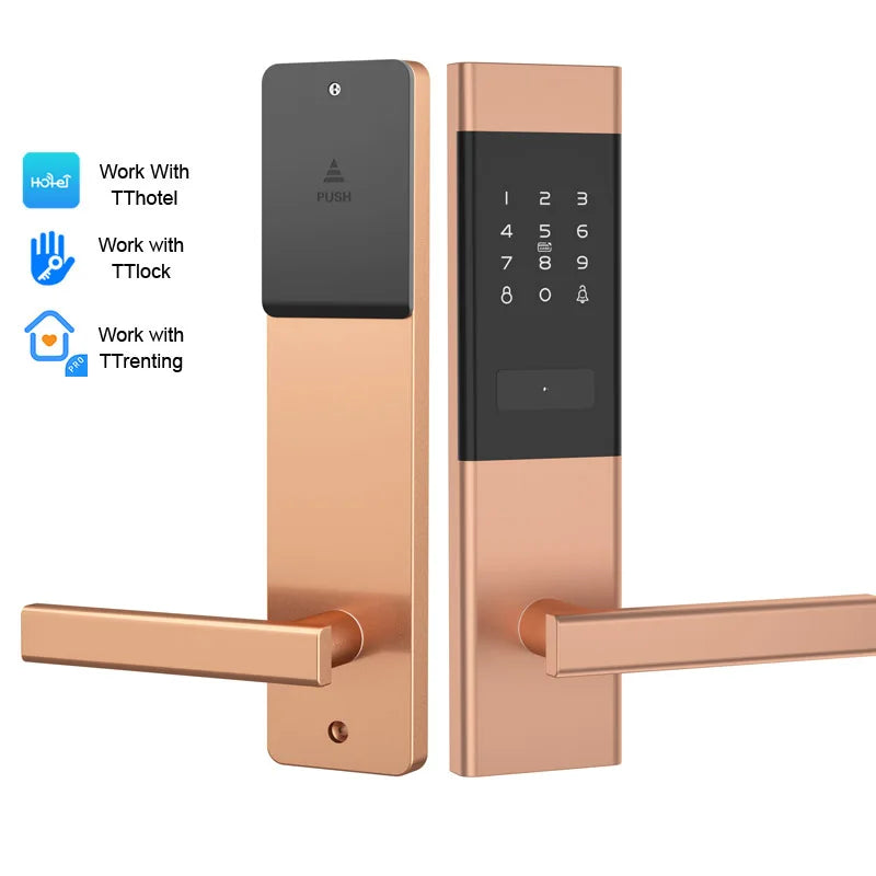 Rose gold metal smart door lock with a black digital keypad and lever handle.