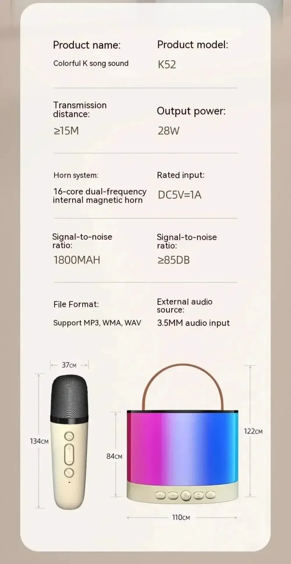 Portable karaoke speaker with a carry handle, two microphones, and vibrant RGB lighting in a cream colourway.