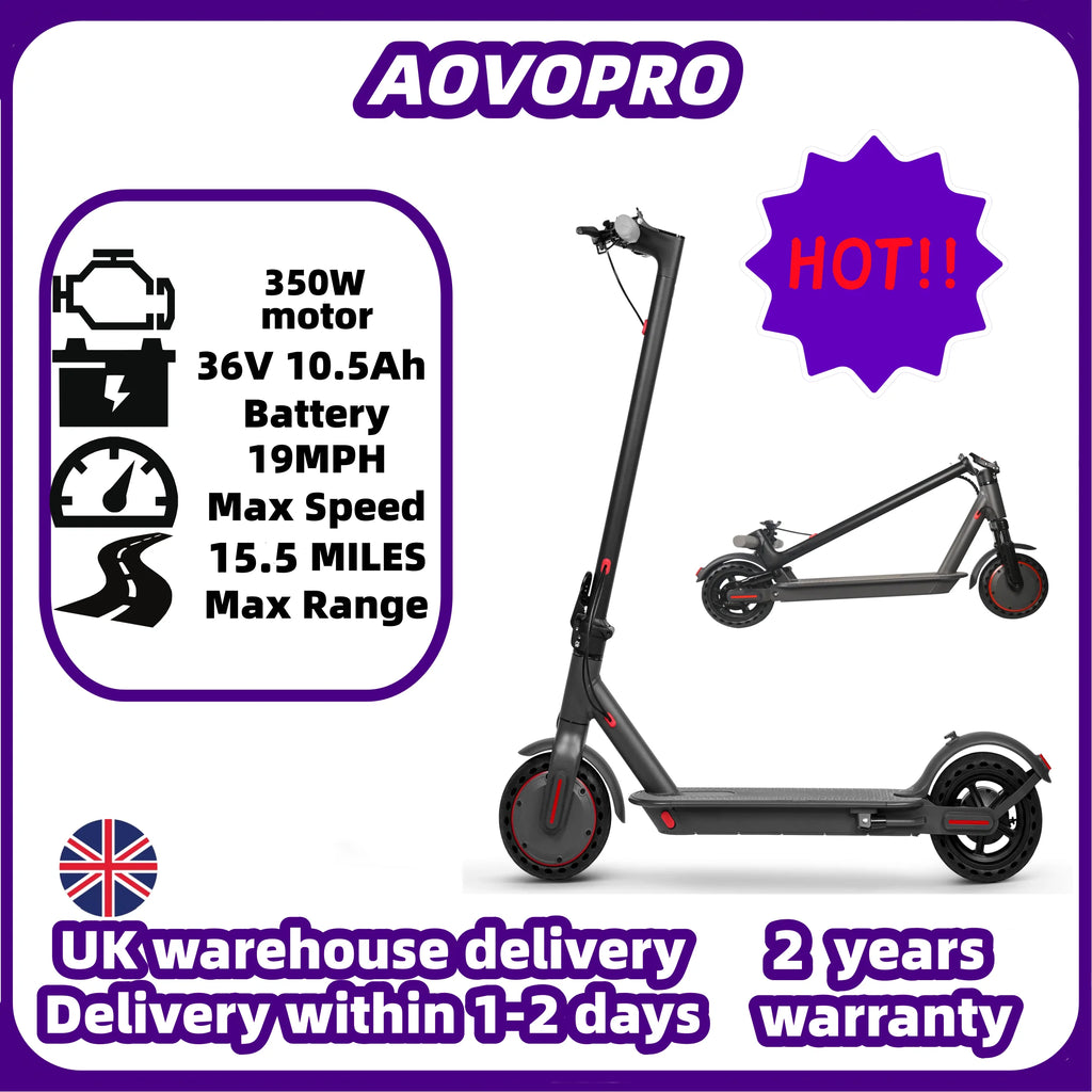AOVOPRO adult electric scooter in dark grey, featuring handlebars, a standing deck, and large wheels with red accents.