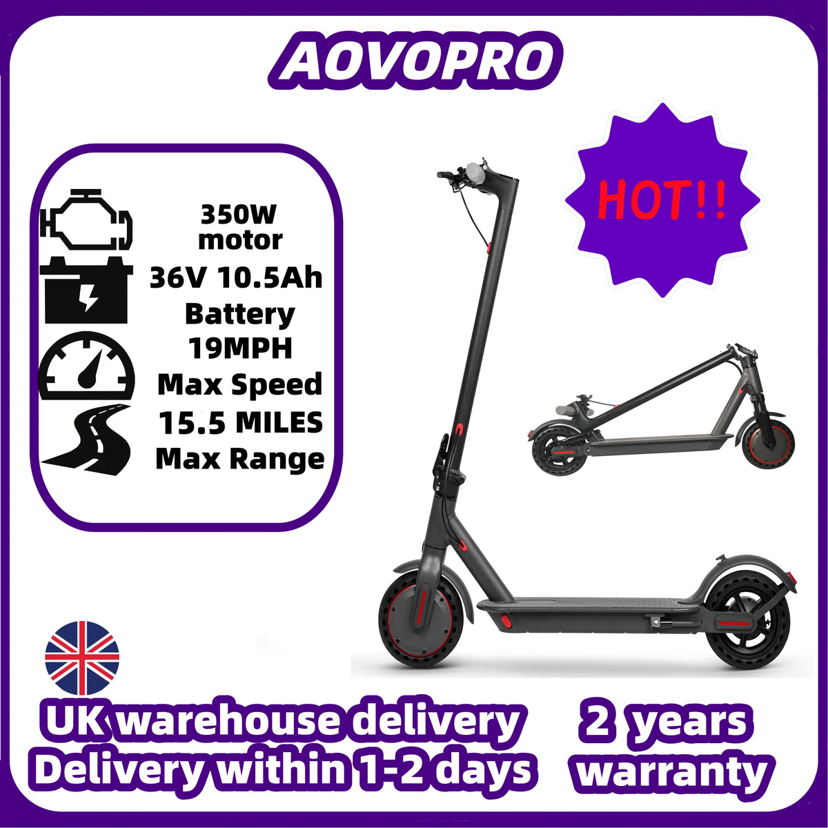 Dark gray AOVOPRO adult electric scooter with red wheel accents, shown upright and folded with specs.