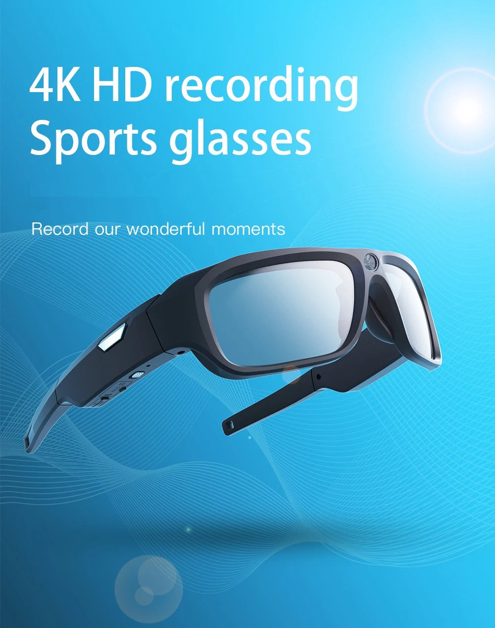 Matte black plastic sports glasses with a built-in camera lens for 4K video recording.