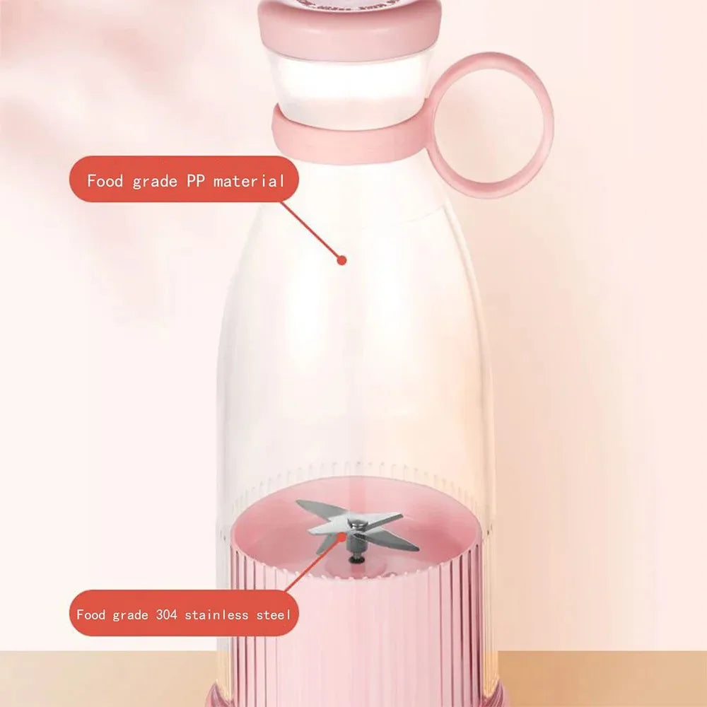 Portable personal blender in soft pink with a clear bottle, stainless steel blades, and a carrying ring.