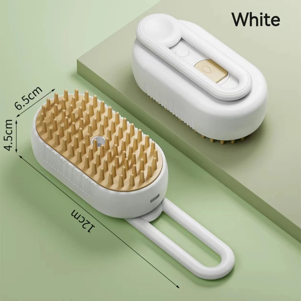 White shower scalp massager brush with tan silicone bristles and a foldable handle, showing dimensions.