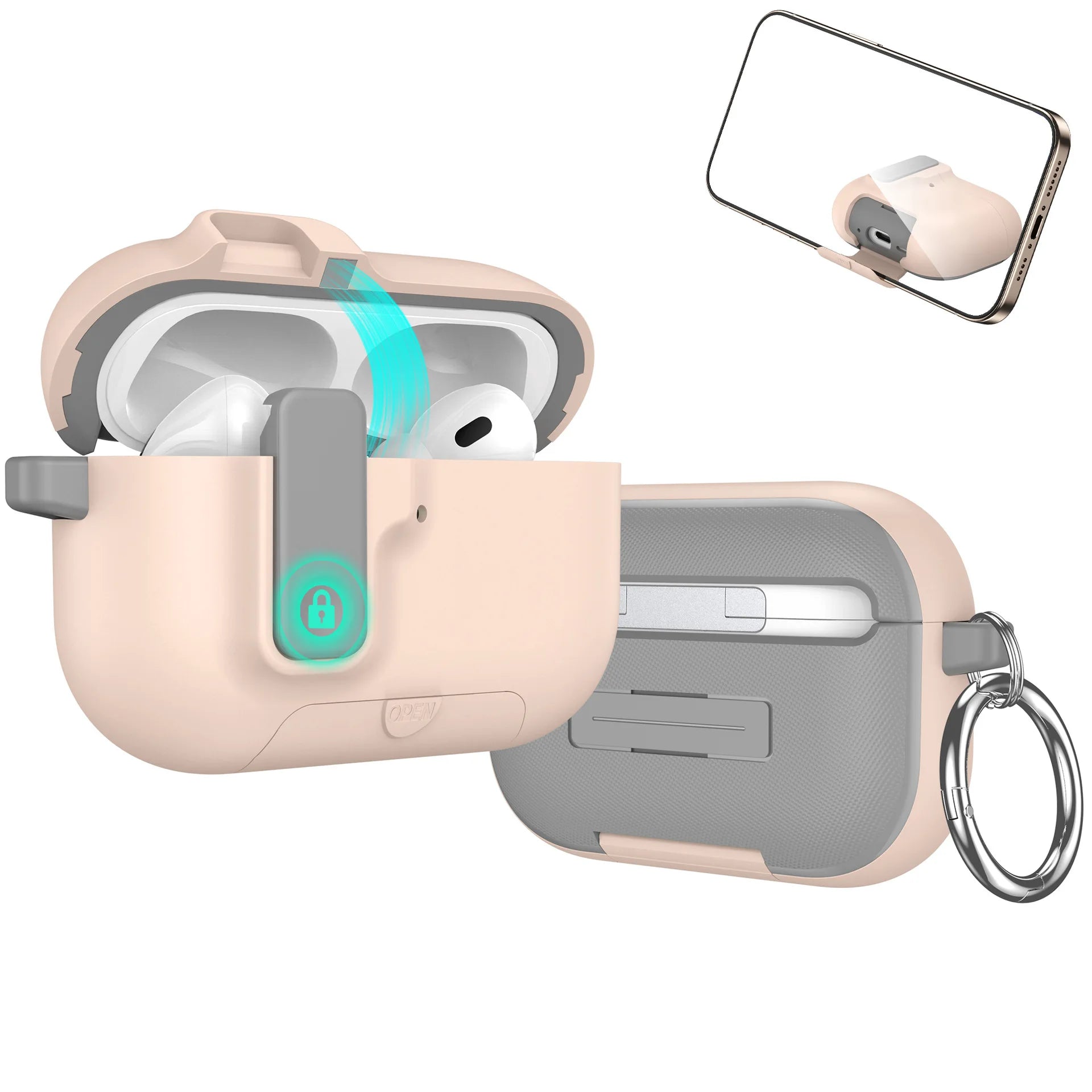 Blush pink and grey locking silicone case for Apple AirPods Pro with a metallic keyring attachment.