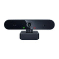Black 4K USB webcam with a sleek, horizontal design, central lens, built-in microphone, and status indicator lights.