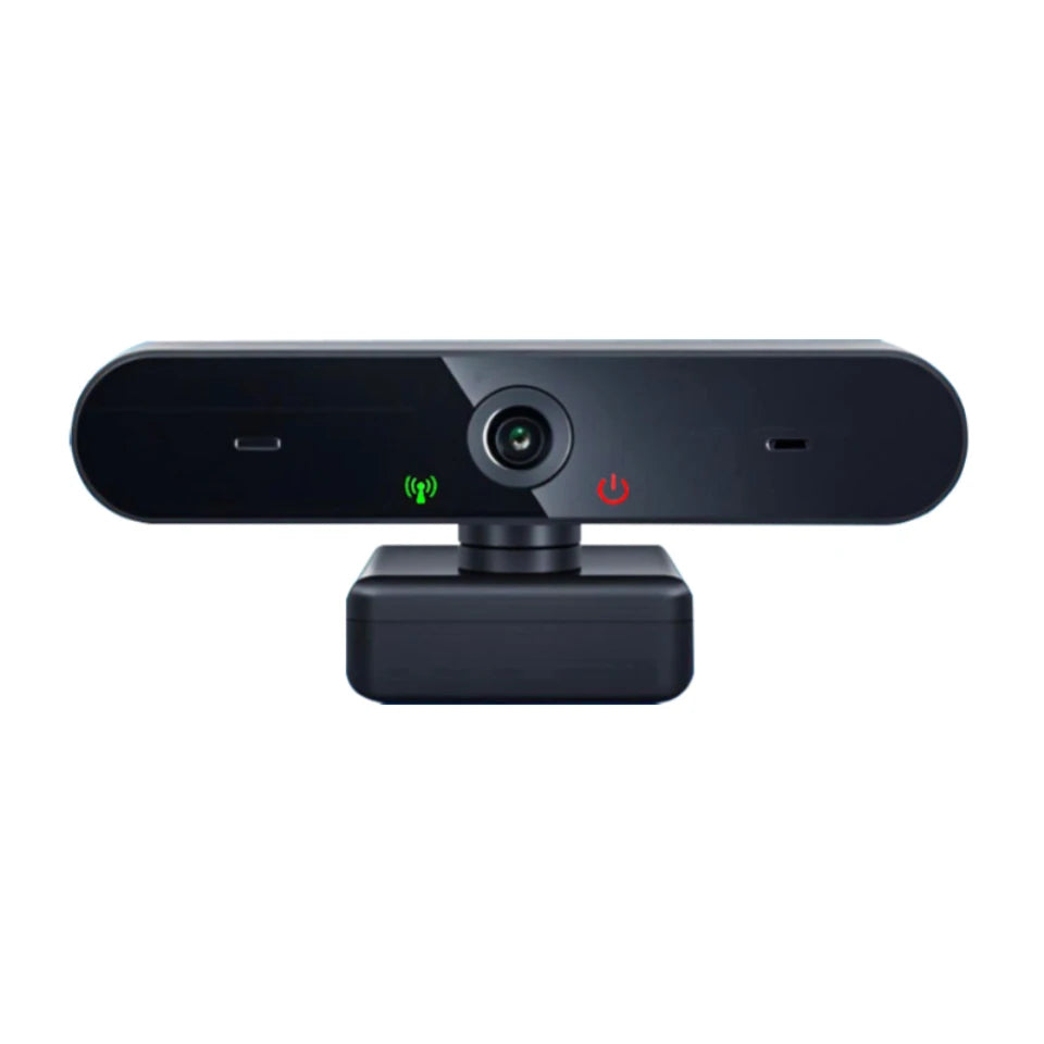 Black 4K USB webcam with a sleek, horizontal design, central lens, built-in microphone, and status indicator lights.