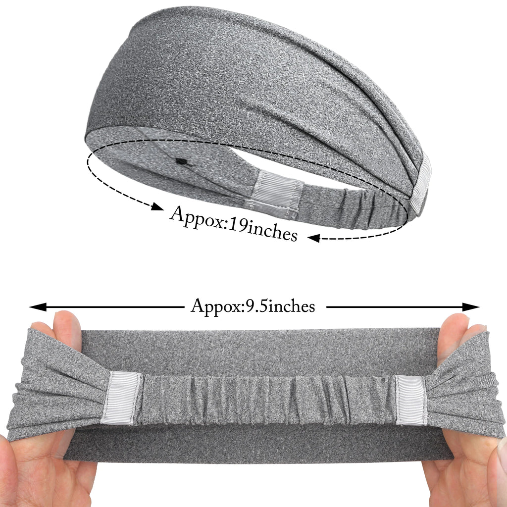 Grey athletic headband with an elasticated back, shown with dimension measurements of 19 inches and 9.5 inches.