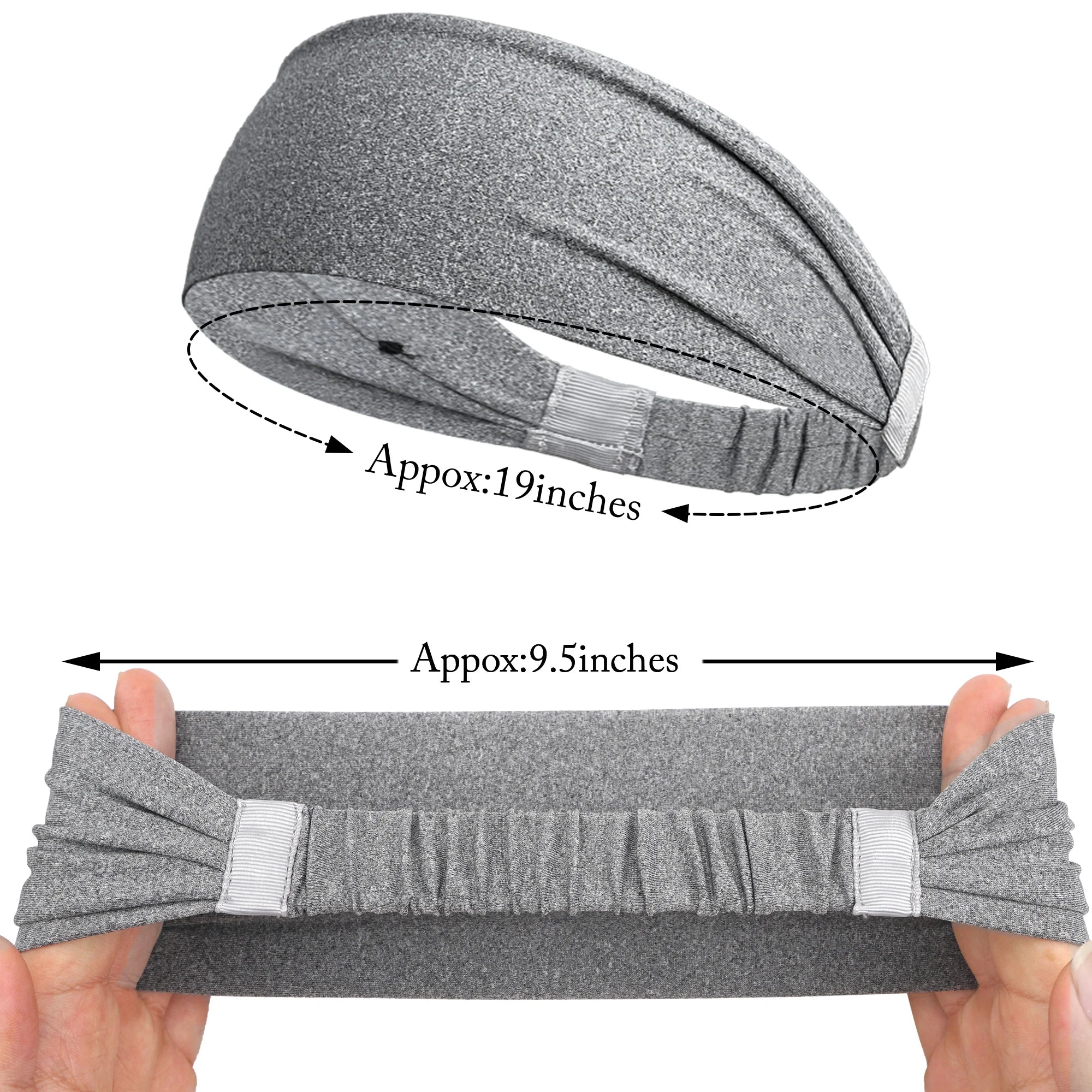 Grey athletic headband with an elasticated back, shown with dimension measurements of 19 inches and 9.5 inches.