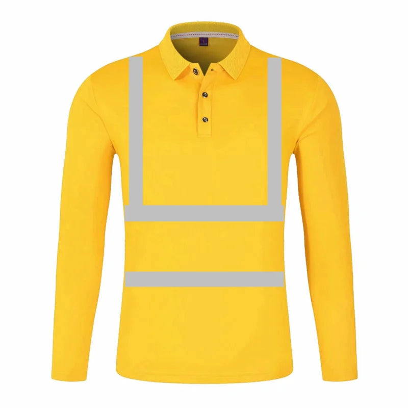 Long-sleeved high-visibility yellow polo shirt with reflective silver stripes and a button-up collar.