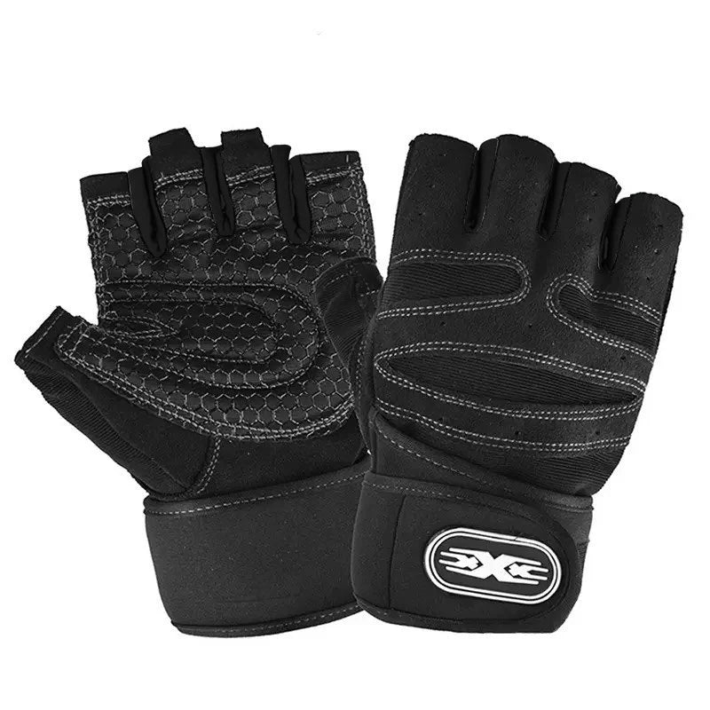 Black fingerless gym gloves with hexagonal patterned fabric, padded palms, and a wide wrist support strap.