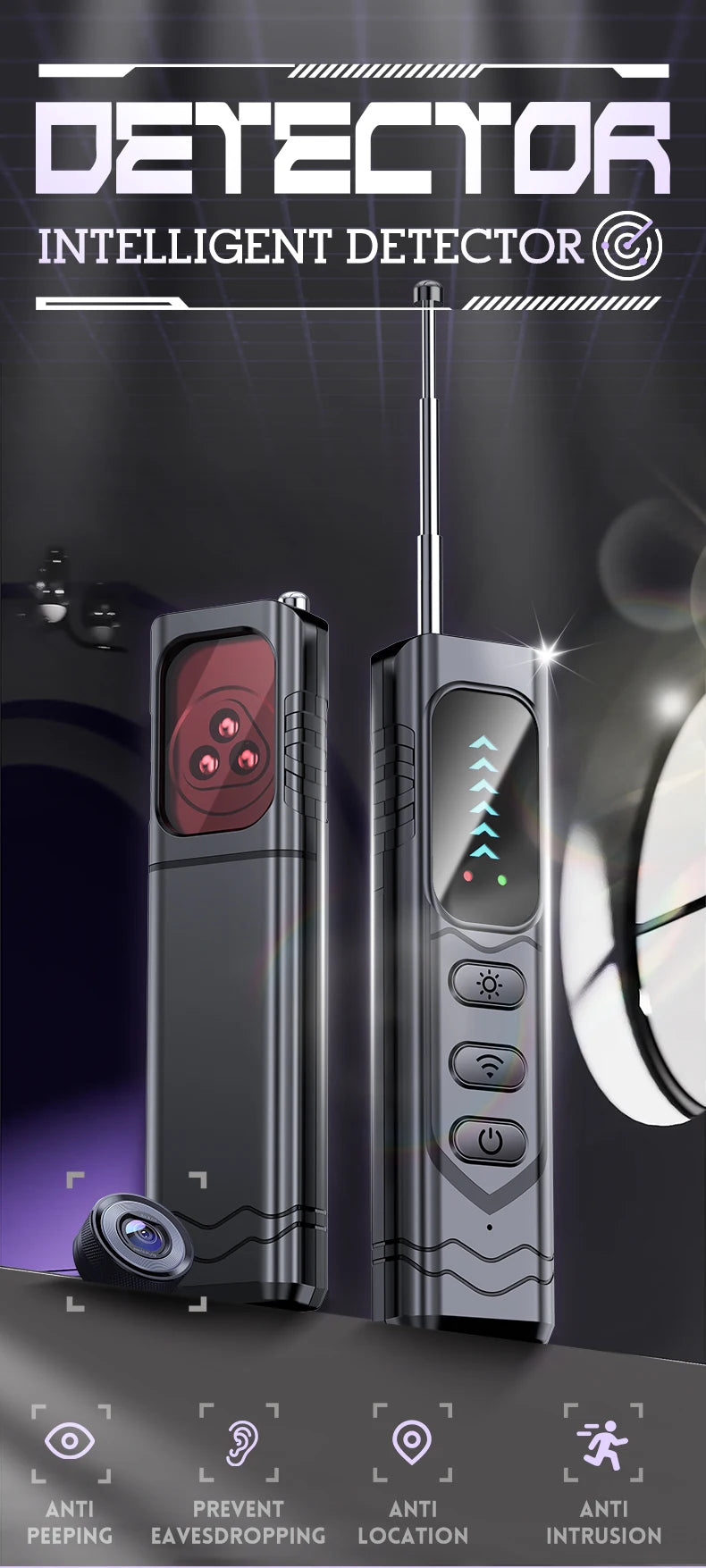 Black, portable privacy detector with antenna, red light lens, signal display, and power buttons.