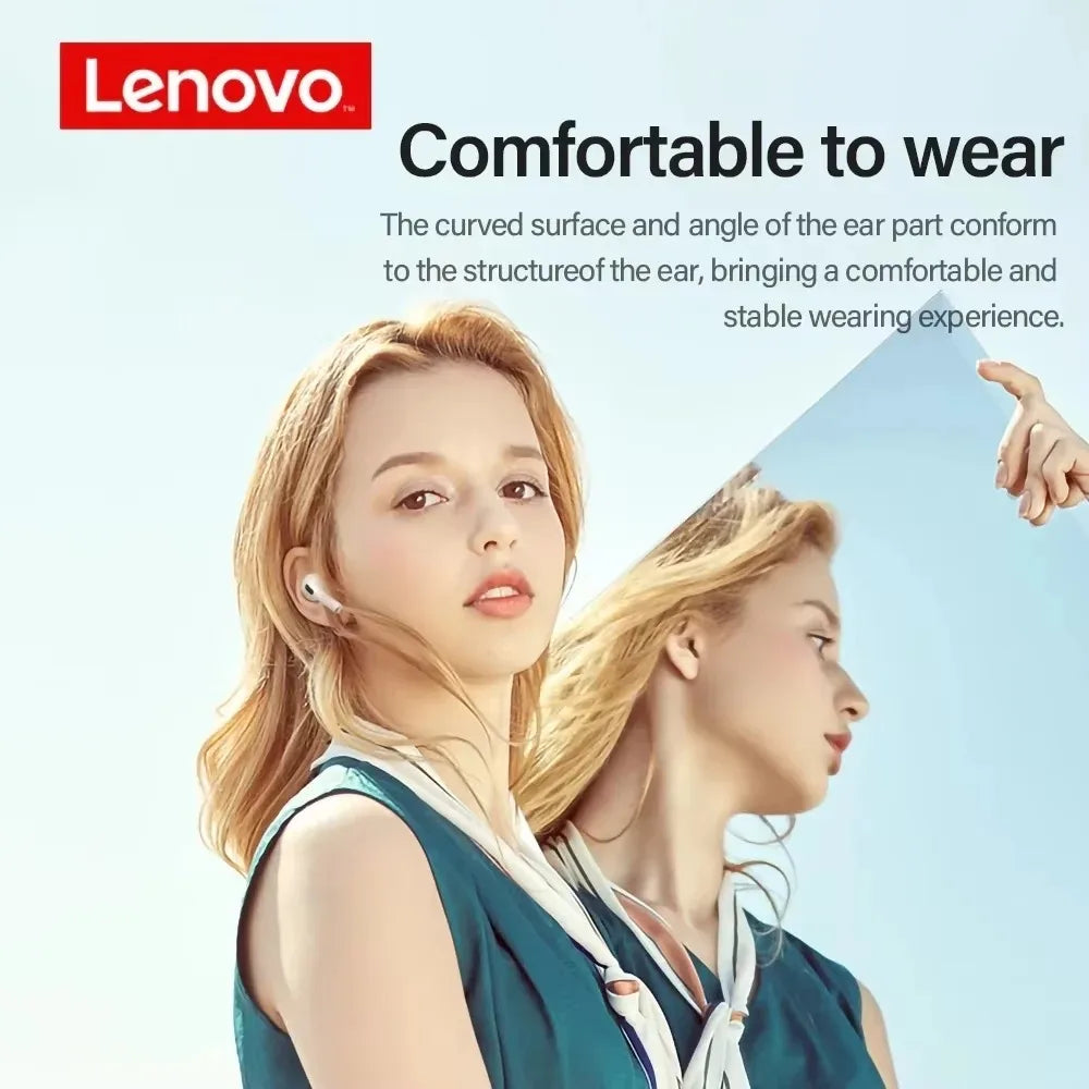 A woman wears sleek, white wireless earbuds designed with a curved, ergonomic shape for a comfortable fit.