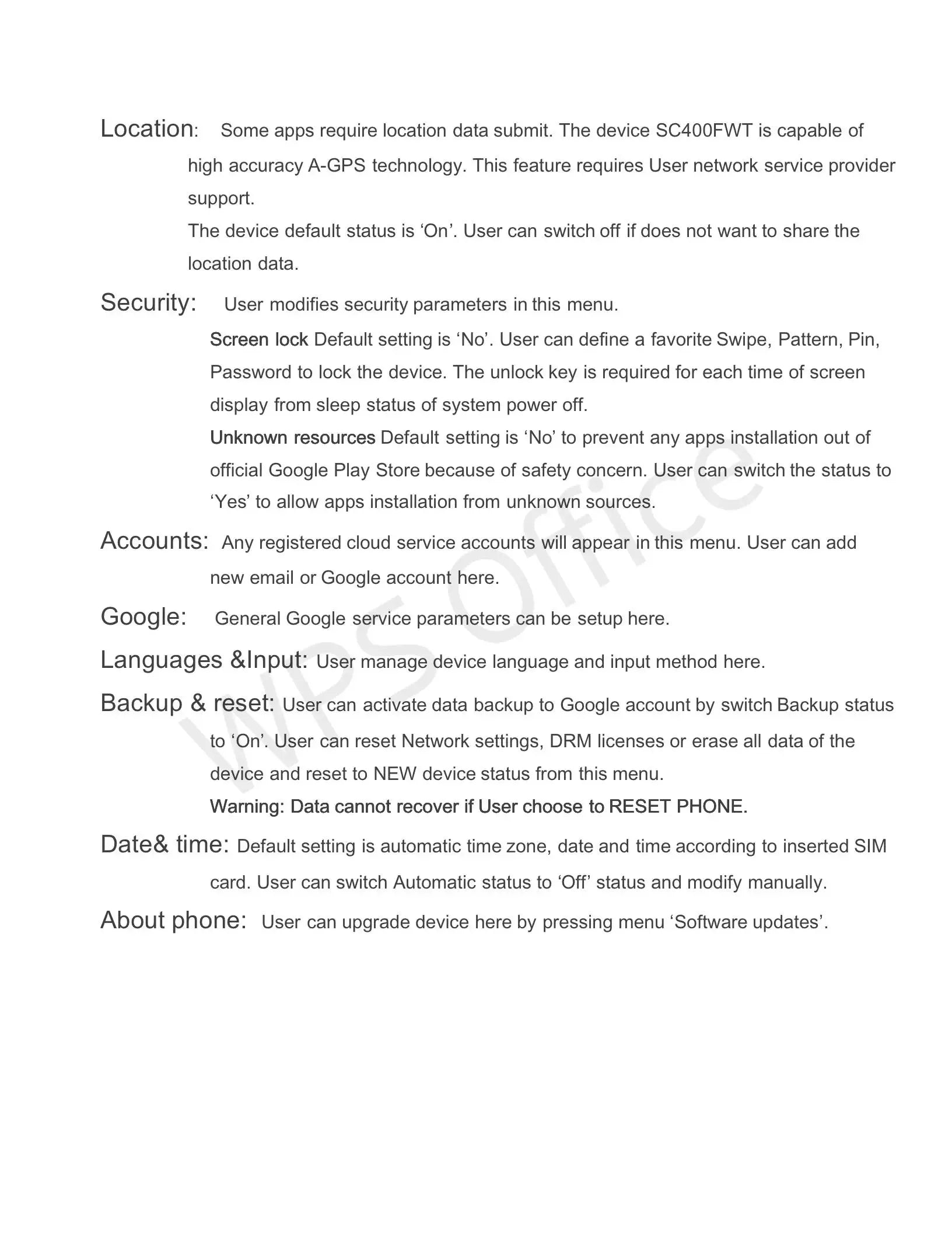 Product manual page detailing device settings for location, security, accounts, backup, and system updates.