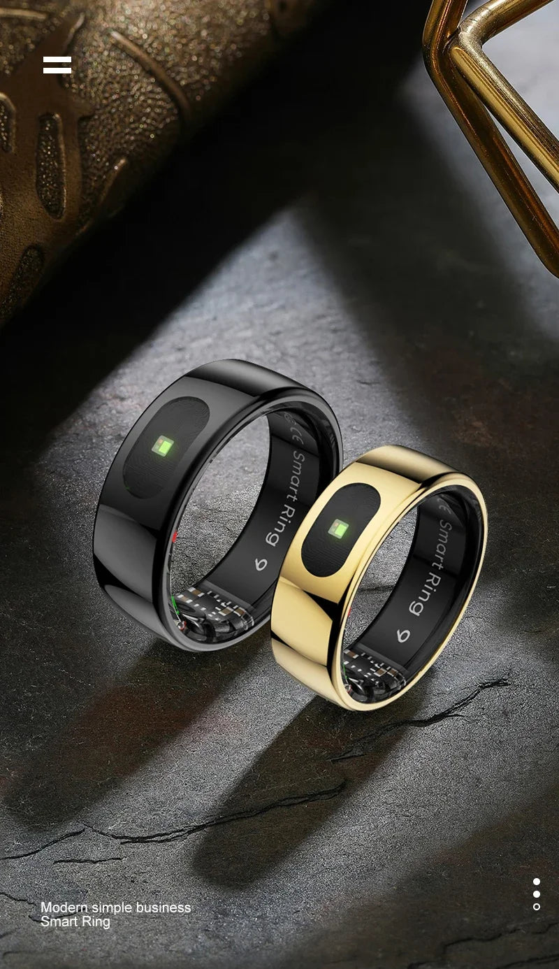 Black and gold sleek smart health and sleep tracking rings with integrated internal sensors on a dark surface.