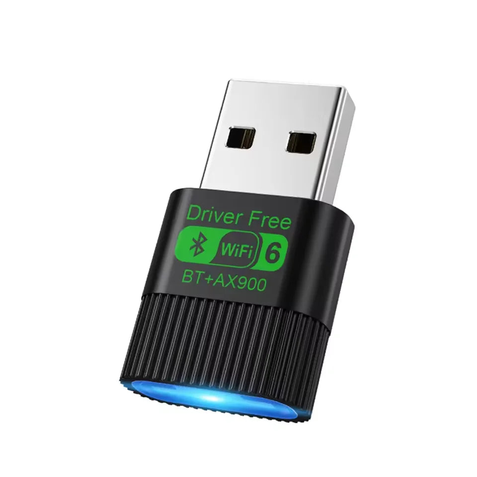 Black, compact USB WiFi 6 and Bluetooth wireless adapter with green text and a glowing blue base.