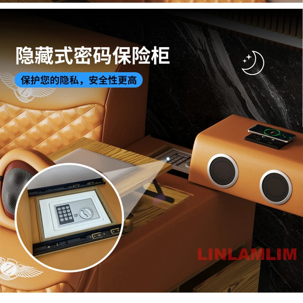 Luxury tan leather bed with built-in hidden safe, wooden desk, wireless phone charging, and integrated speakers.