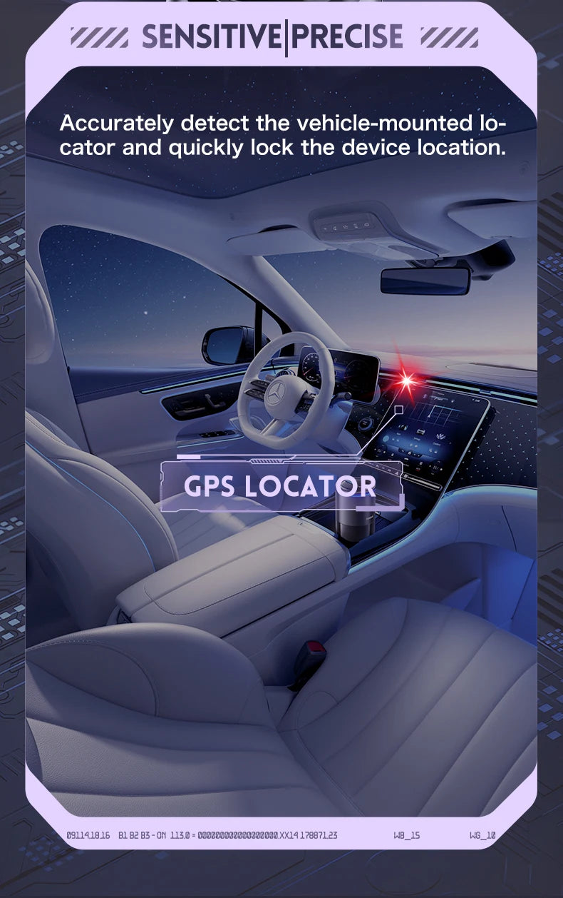A sleek, black, portable privacy detector showing a red laser signal locating a hidden GPS tracker inside a car.