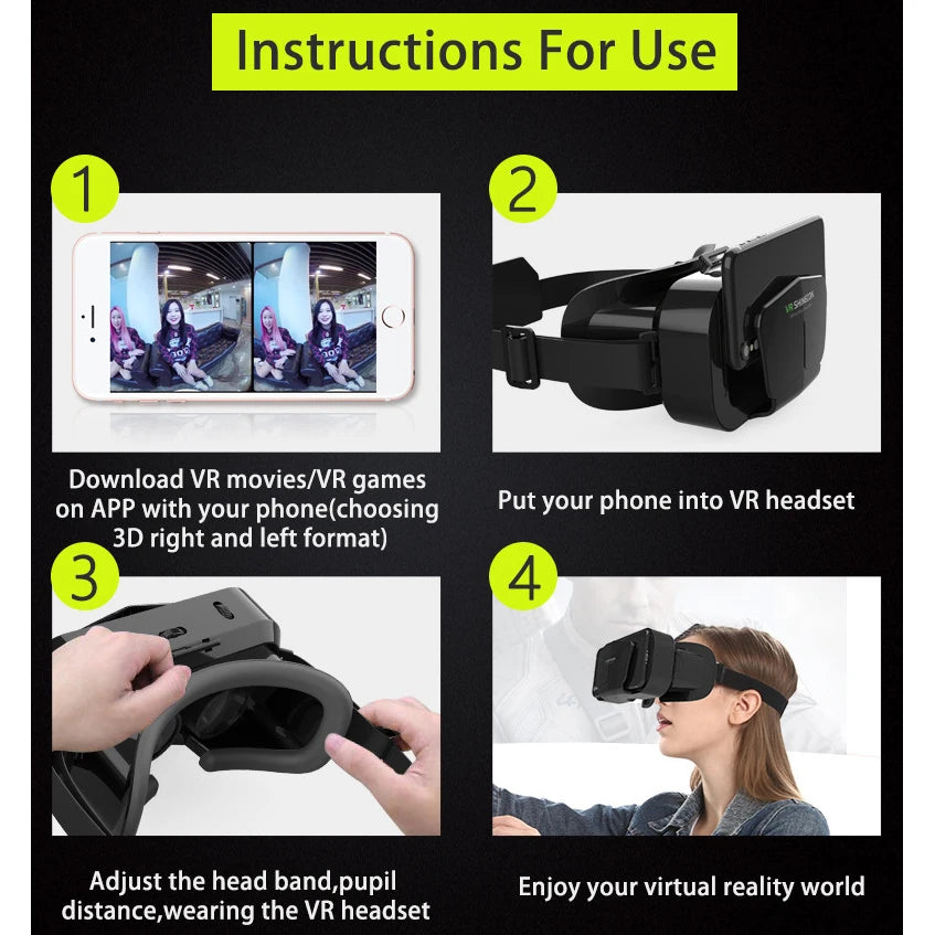 Black plastic 3D VR headset with adjustable head straps and a smartphone inserted into the front compartment.