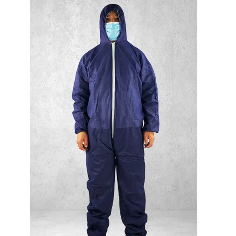 Person wearing a navy blue protective coverall made of synthetic material with a hood, long sleeves, and a zip front.